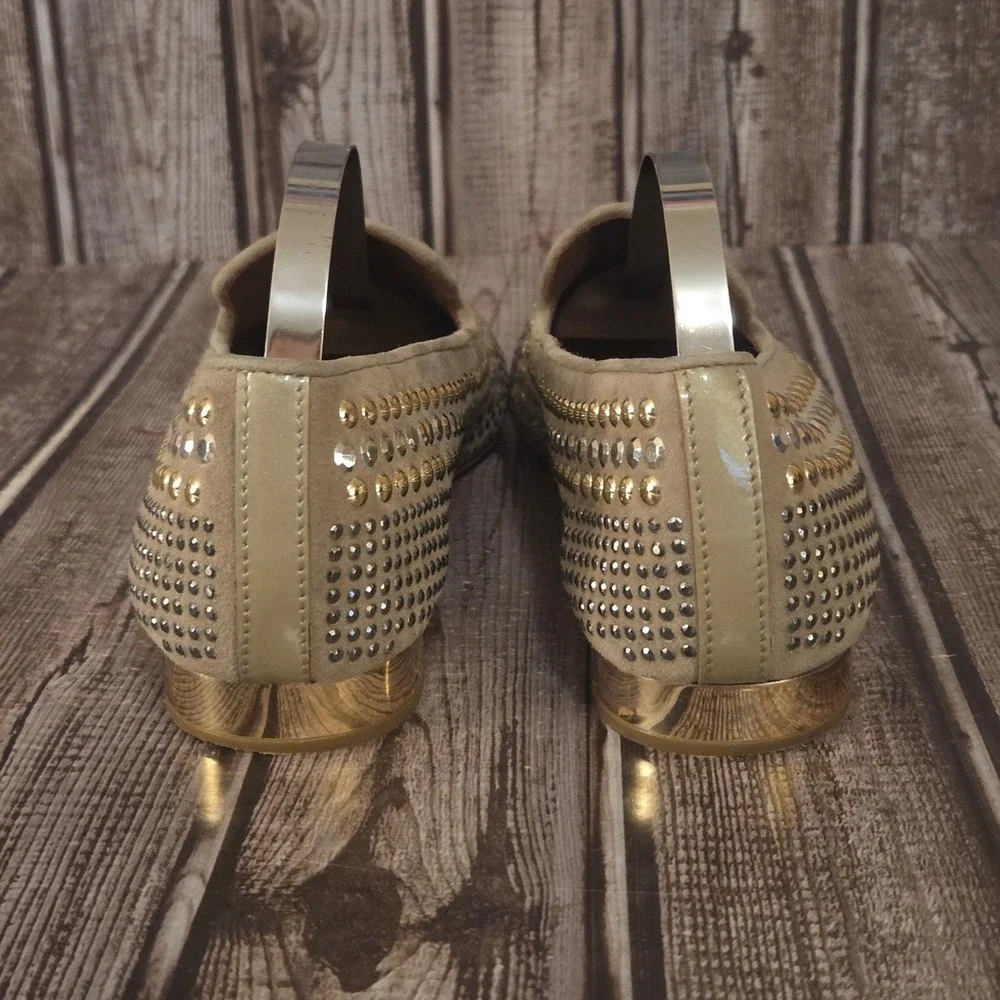 Sz 6 M Donald‎ J Pliner Henley Studded Suede Loafers Tan Gold Silver Shoes VGUC